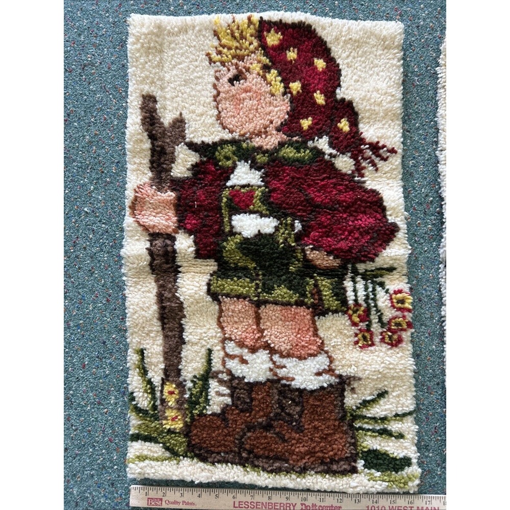 Vintage Hummel Boy Wall Hanging, Hiking In Woods, 1970s Completed Hook Rug